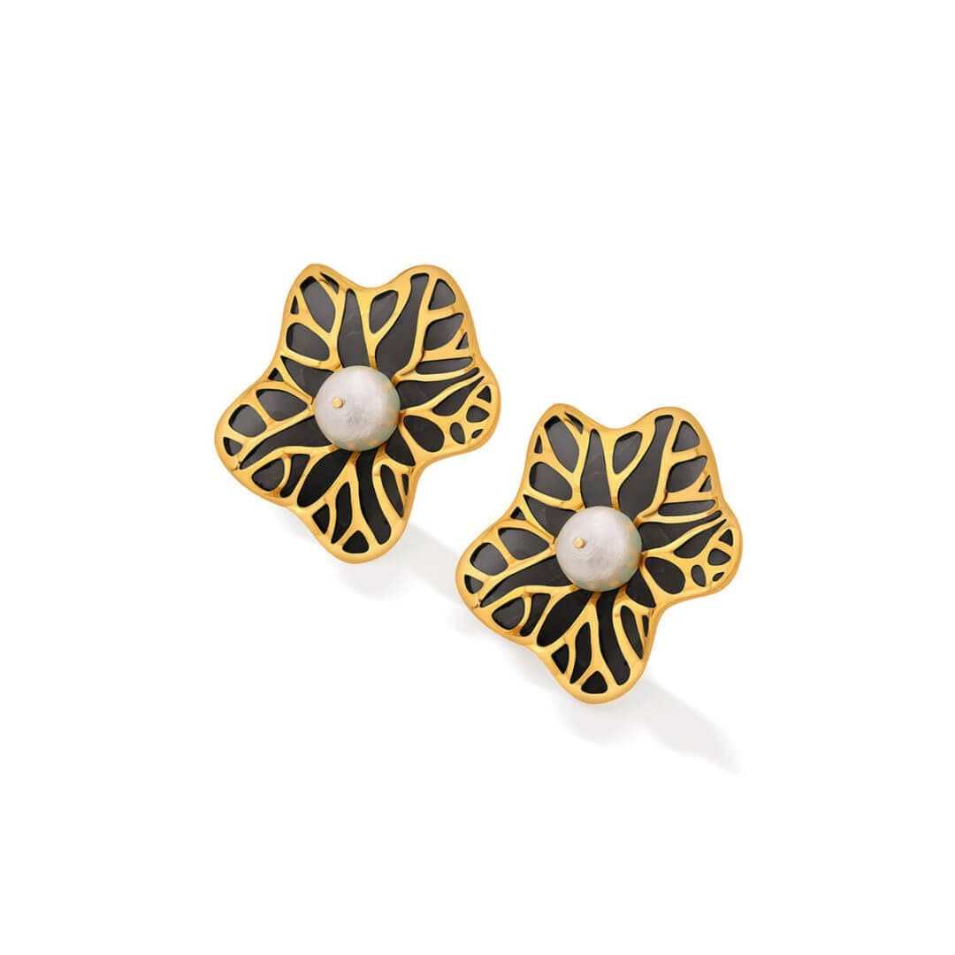 La Conchita Abstract Floral Stud Earrings in Black - Isharya | Modern Indian Jewelry