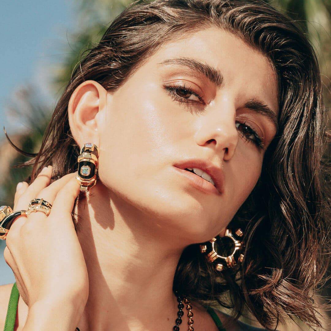 Ardern Pentagon Emerald & Amethyst Hoop - Isharya | Modern Indian Jewelry