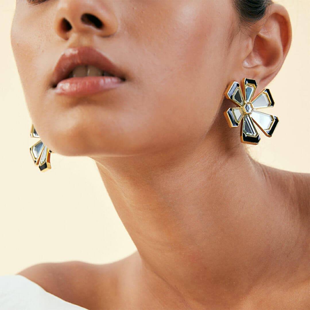 Ayaana Mirror Enamel Floral Stud - Isharya | Modern Indian Jewelry