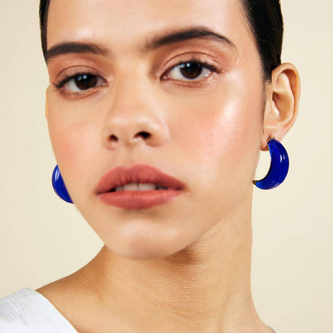 Carved Half Hoop with Blue Stone - Isharya | Modern Indian Jewelry