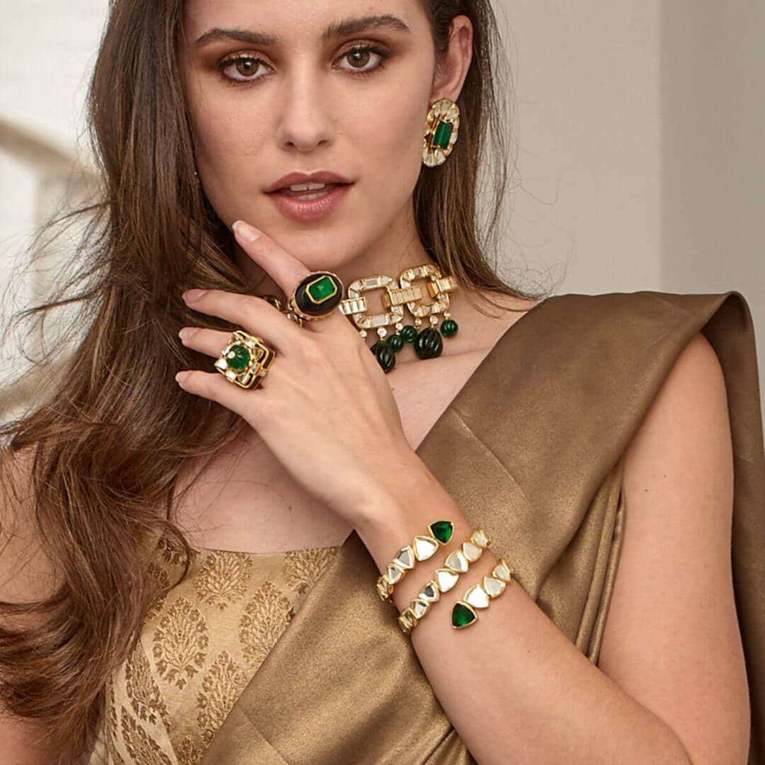 Inayat Green Hyrdo & Mirror Statement Cuff - Isharya | Modern Indian Jewelry