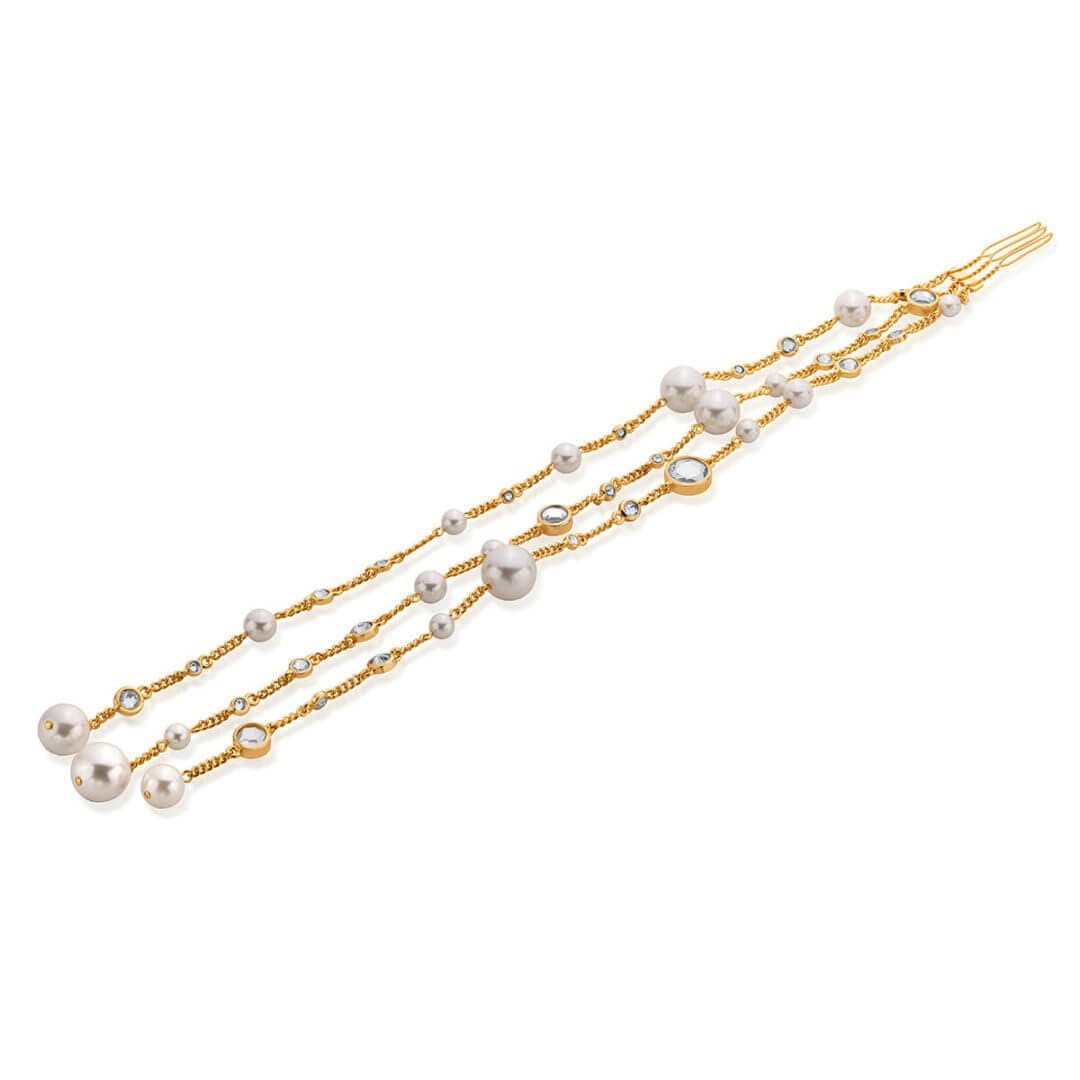 Mirror, CZ and Pearl with chain Long Hair Accessory - Isharya | Modern Indian Jewelry