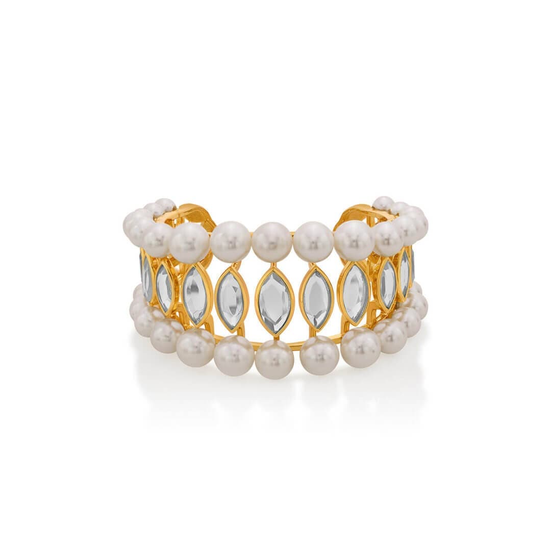 Navette Collection Pearl & Mirror tapered Medium size cuff - Isharya | Modern Indian Jewelry
