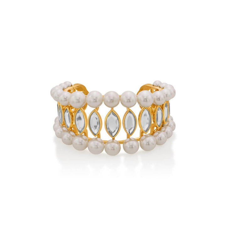 Navette Collection Pearl & Mirror tapered Medium size cuff - Isharya | Modern Indian Jewelry