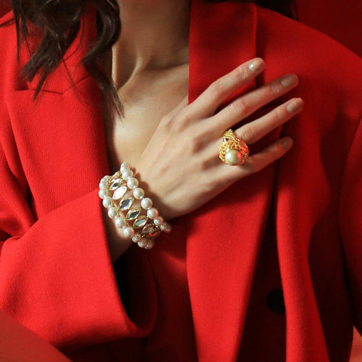 Navette Collection Pearl & Mirror tapered Medium size cuff - Isharya | Modern Indian Jewelry