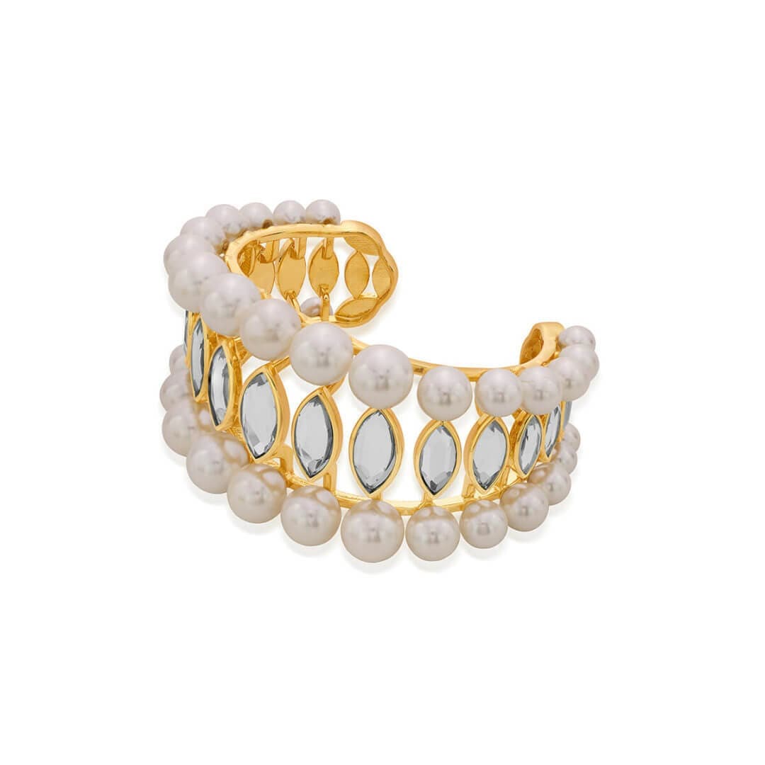 Navette Collection Pearl & Mirror tapered Medium size cuff - Isharya | Modern Indian Jewelry