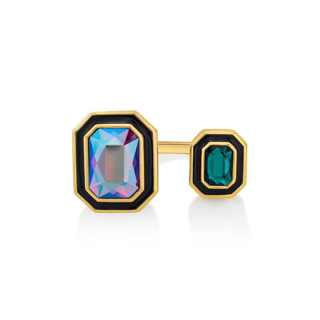 Amour Black Enamel Two Stone Ring - Isharya | Modern Indian Jewelry
