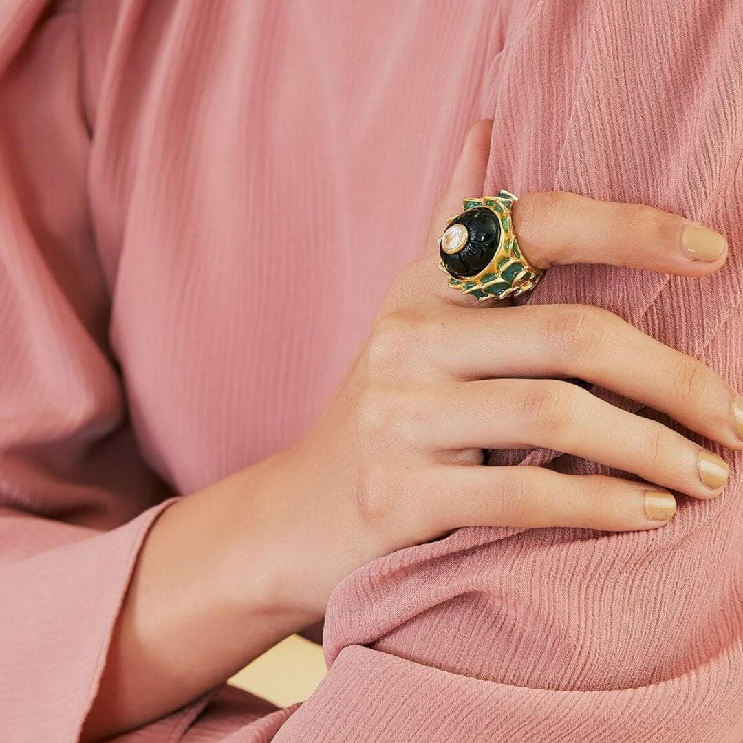 Green Resurrect Lotus Ring - Isharya | Modern Indian Jewelry