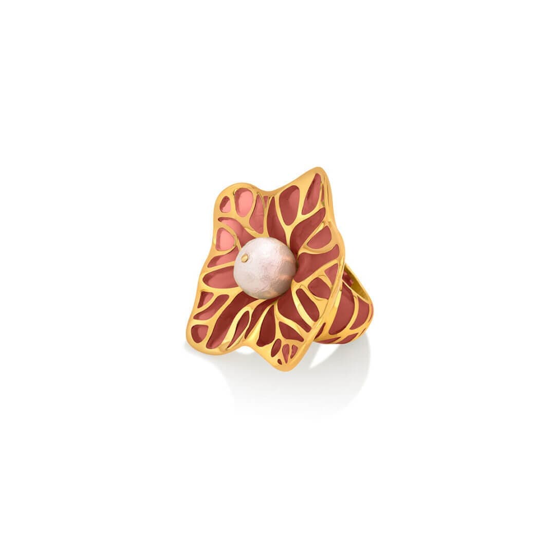 La Conchita Abstract Floral Statement Ring in Coral - Isharya | Modern Indian Jewelry