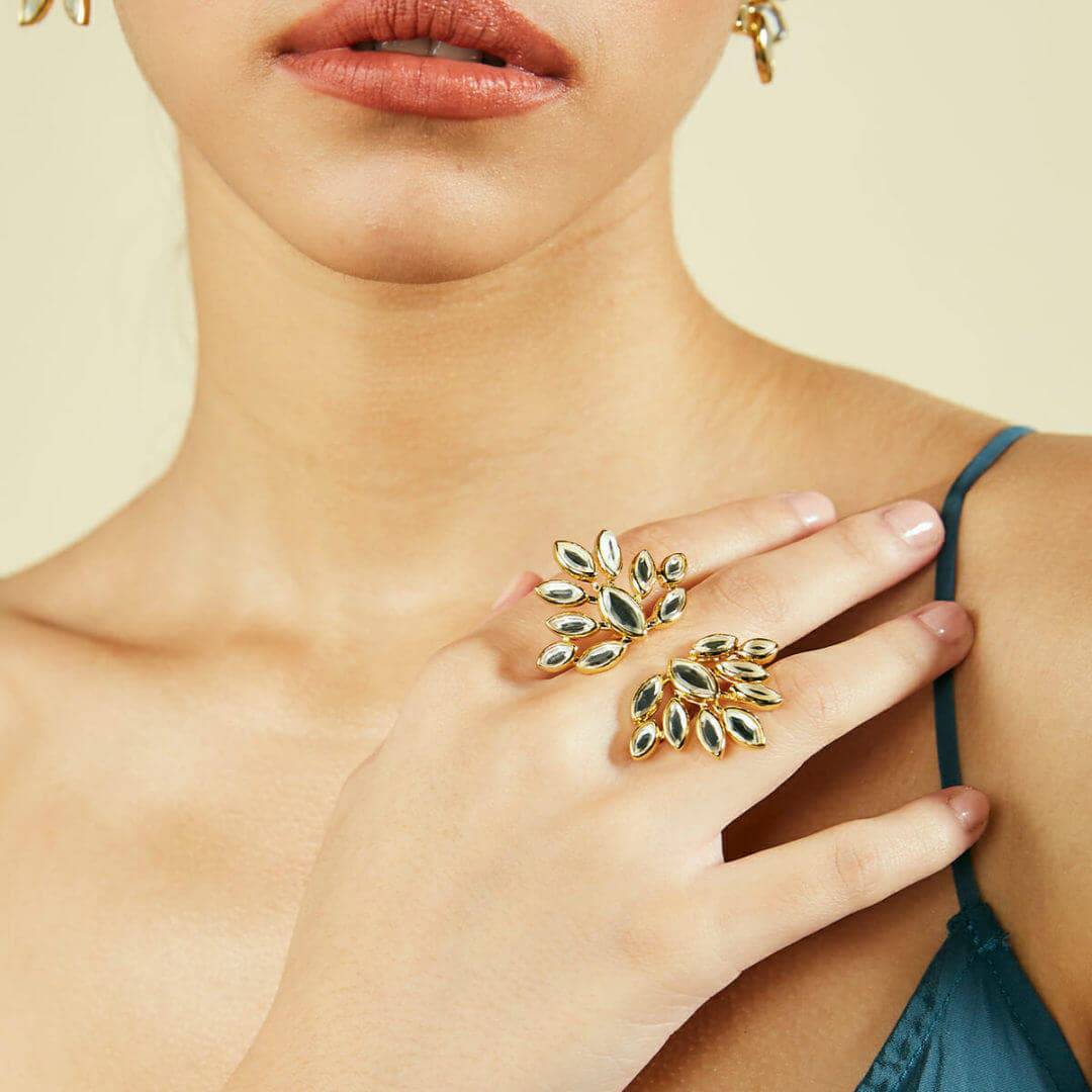 Marquise Mirror Cluster Gold Open Ring - Isharya | Modern Indian Jewelry
