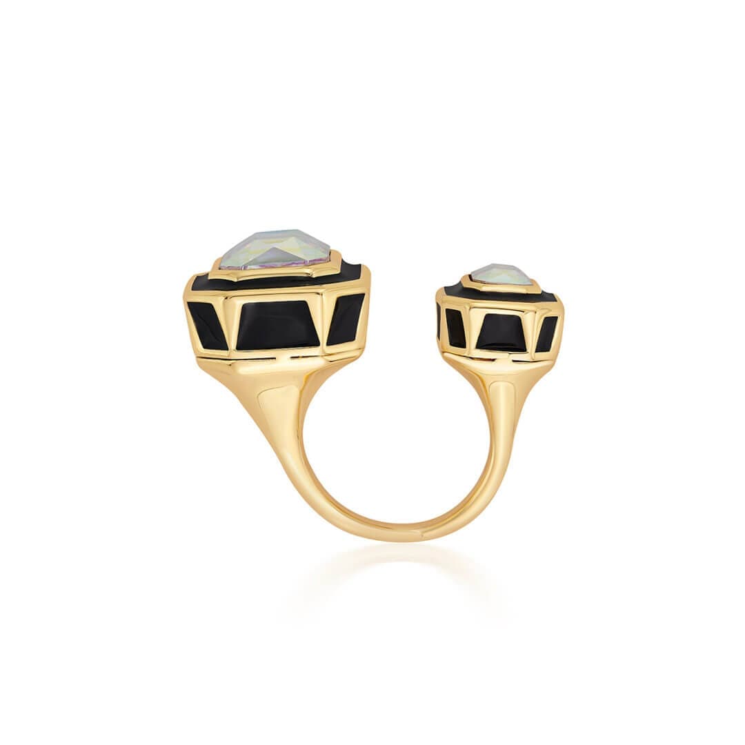 Meraki Black Enamel Two Stone Ring - Isharya | Modern Indian Jewelry