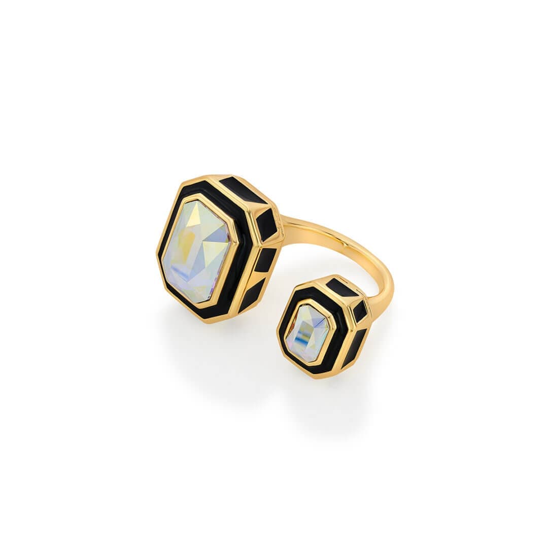 Meraki Black Enamel Two Stone Ring - Isharya | Modern Indian Jewelry