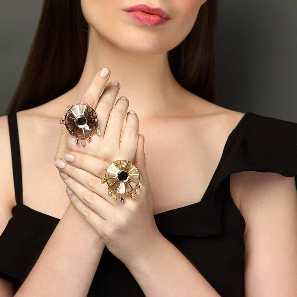 Renaissance Rani Mirror Black Translucent Resin Dramatic Ring In Rose Gold - Isharya | Modern Indian Jewelry