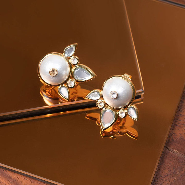 Limelight Pearl & Mirror Flutter Stud Earrings for Women by Isharya | Modern Indian Jewellery