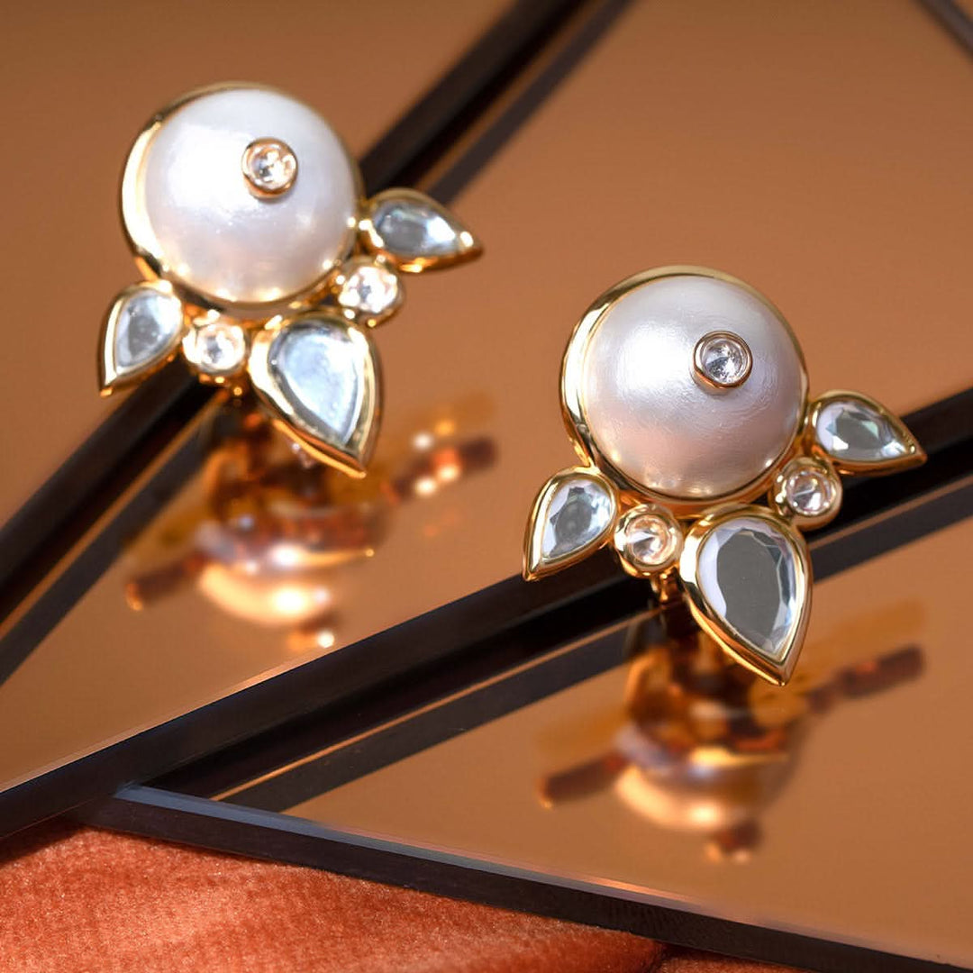 Limelight Pearl & Mirror Flutter Stud Earrings for Women by Isharya | Modern Indian Jewellery