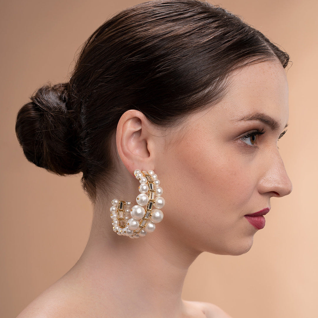 Amara Double Pearl Hoop Earrings for Women by Isharya | Modern Indian Jewellery