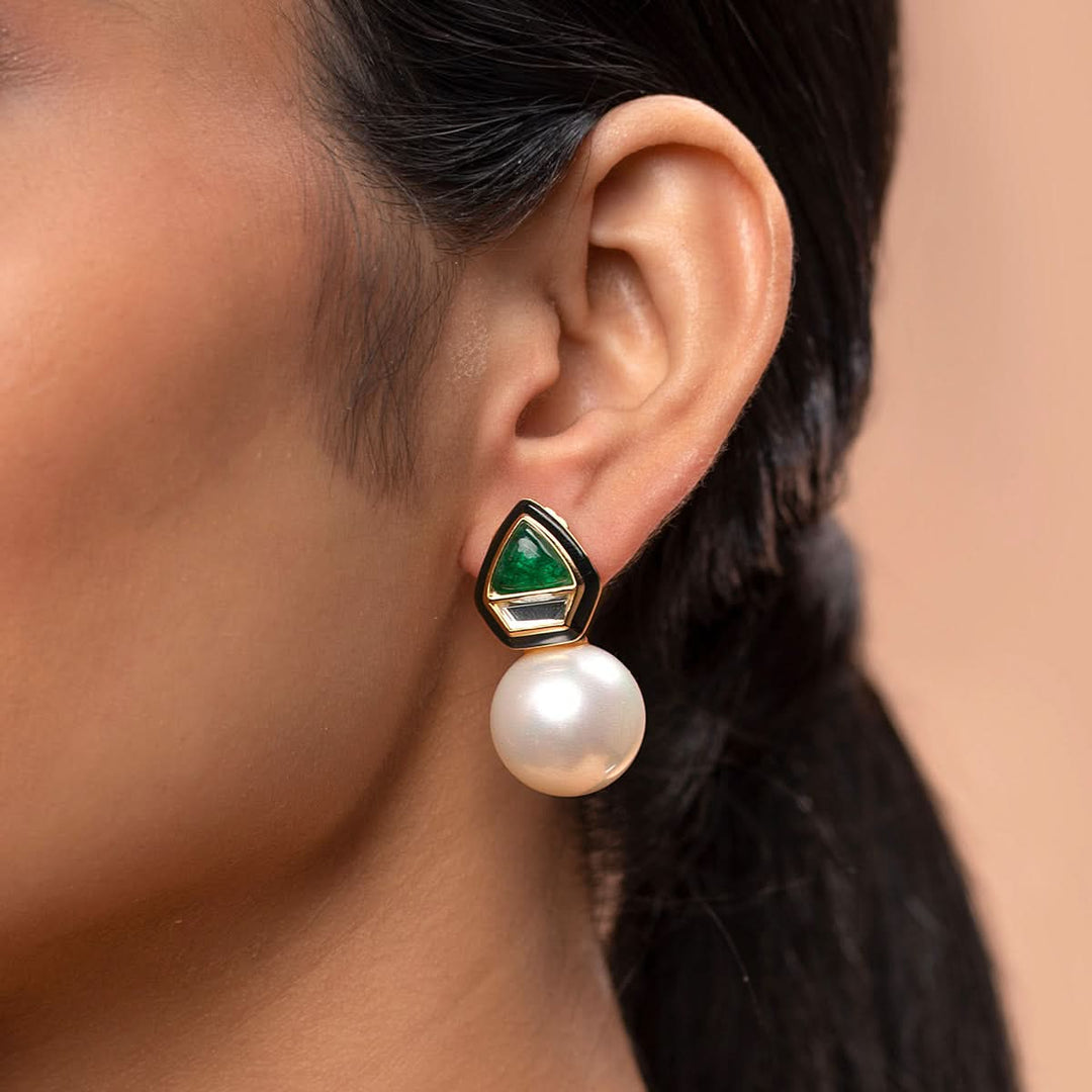 Razia Green Quartz Mirror Earrings for Women by Isharya | Modern Indian Jewellery