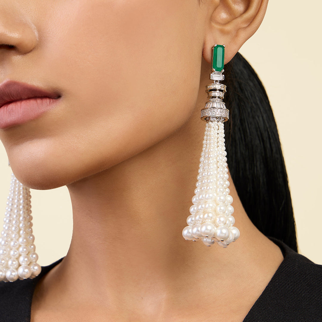 Pearls & Emeralds Tassel Earrings