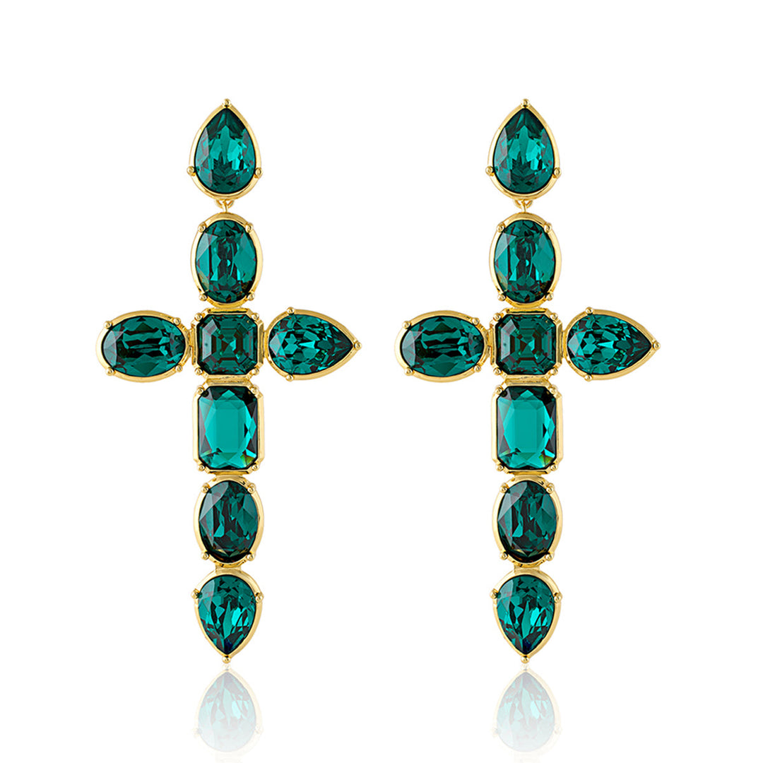 Banger Green Crystal Cross Earrings