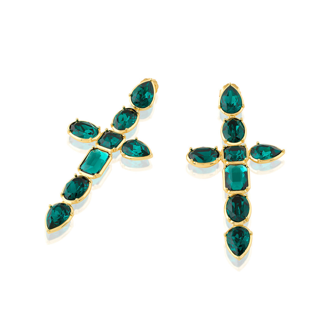 Banger Green Crystal Cross Earrings