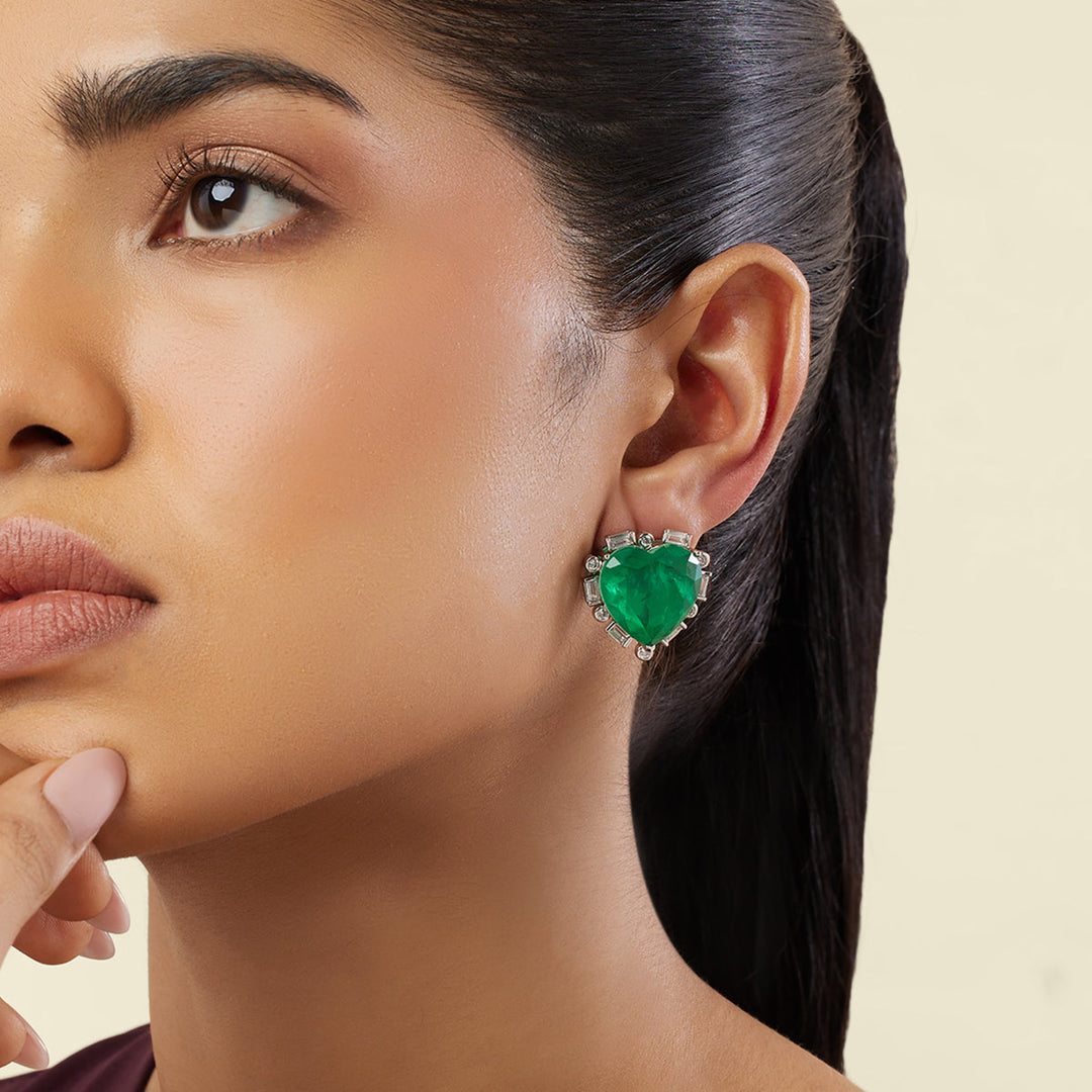 Emerald Radiance Heart Studs - Isharya | Modern Indian Jewelry