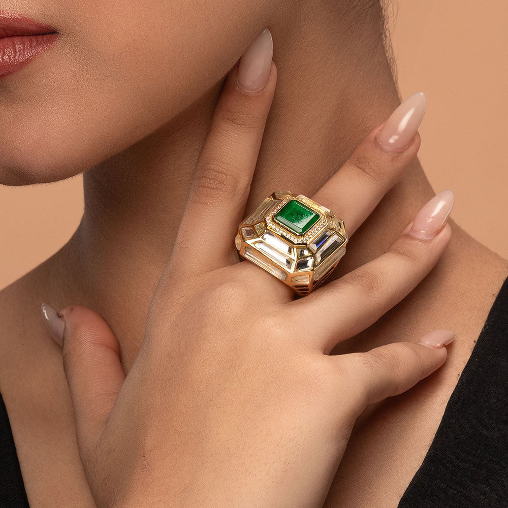 Green statement Ring for Women by Isharya | Modern Indian Jewellery