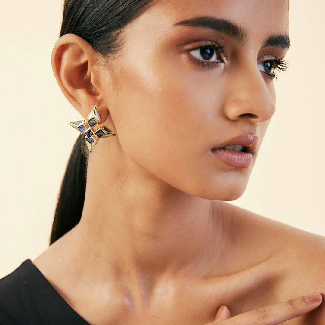Demi Goddess Mirror and Mother of Pearl Stud Earrings - Isharya | Modern Indian Jewelry