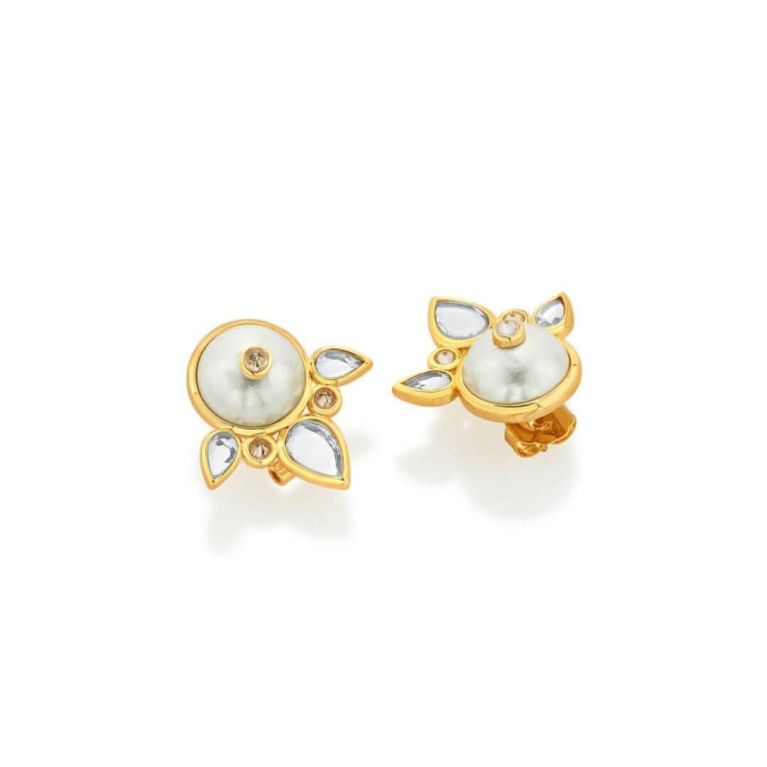 Limelight Pearl & Mirror Flutter Stud Earrings for Women by Isharya | Modern Indian Jewellery