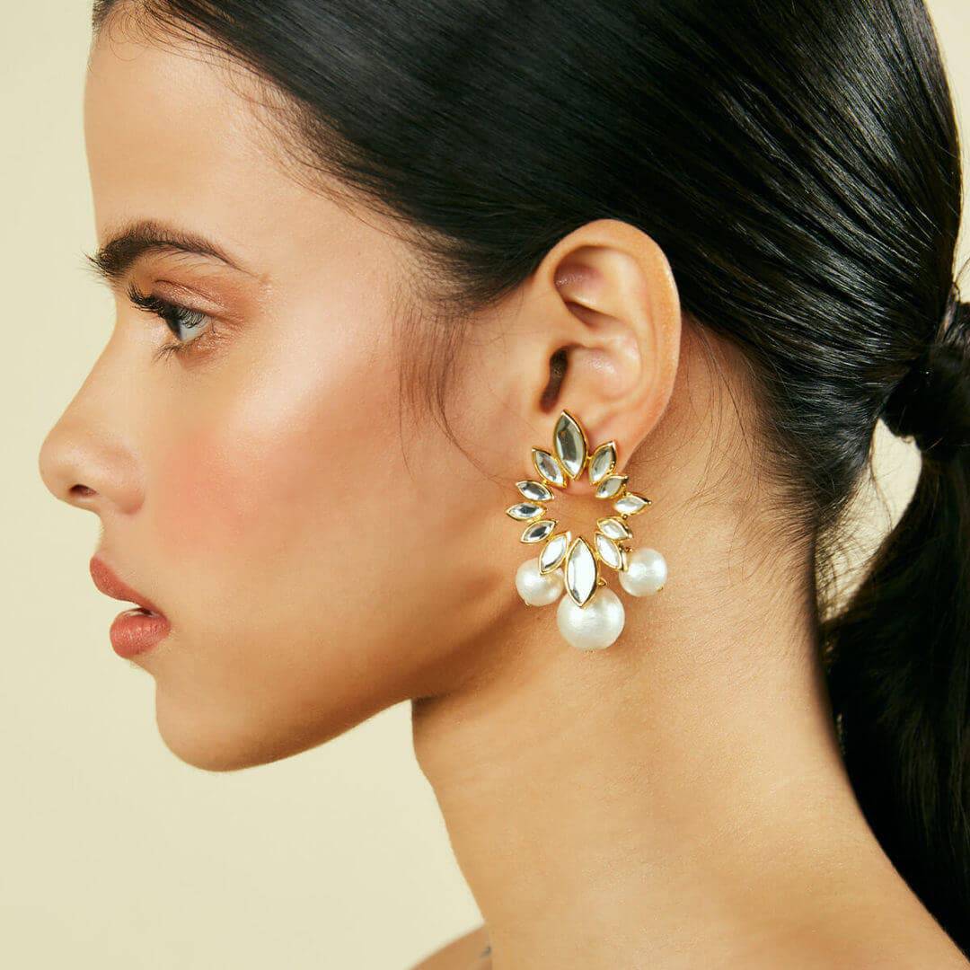 Marquise Mirror Pearl Earrings for Women by Isharya | Modern Indian Jewellery