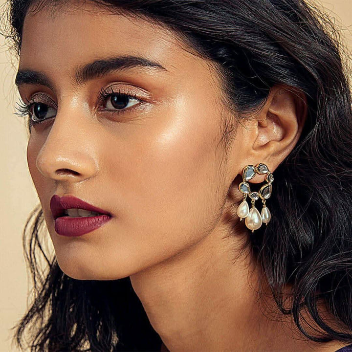 Mirrors on the Move Mirror and Pearl Drop Earrings for Women by Isharya | Modern Indian Jewellery