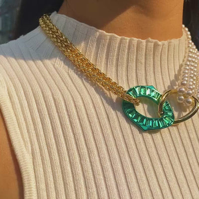 Sultana Green Mirror & Pearl Necklace
