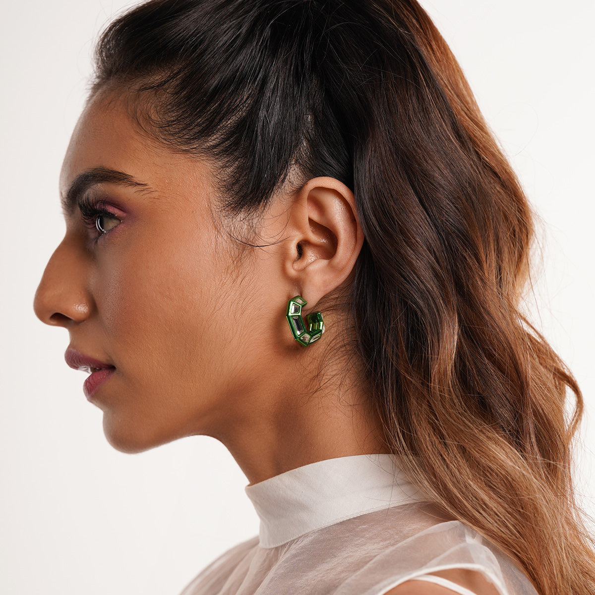 Parakeet Green Mirror Huggies - Isharya | Modern Indian Jewelry