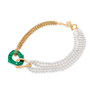 Sultana Green Mirror & Pearl Necklace