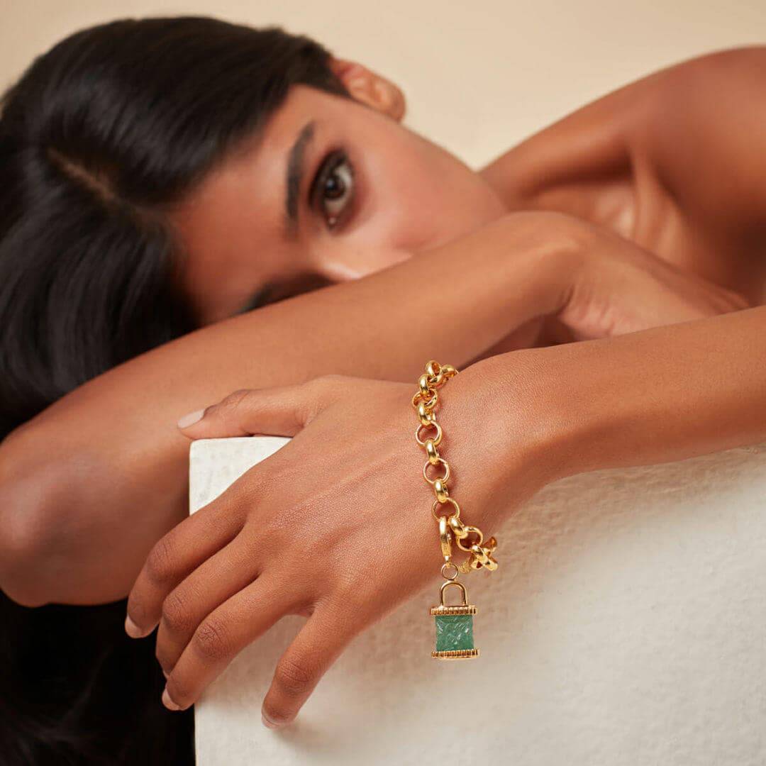 Carved Green Quartz Ribbed Lock Charm - Isharya | Modern Indian Jewelry