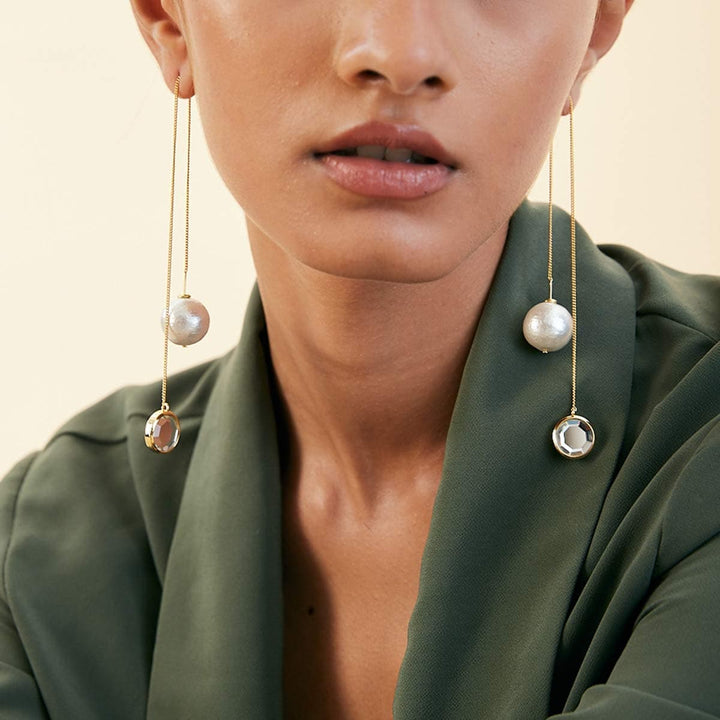 Ayaana Mirror and Pearl Needle-Thread Earrings - Isharya | Modern Indian Jewelry