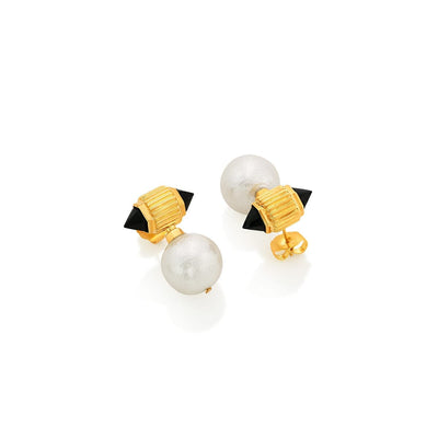 Black Onyx Ribbed Pearl Drop Earrings - Isharya | Modern Indian Jewelry