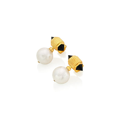 Black Onyx Ribbed Pearl Drop Earrings - Isharya | Modern Indian Jewelry