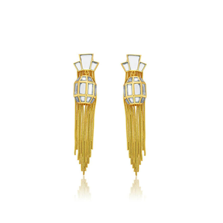 Bombay Deco Tassel Statement Mirror Earrings in Gold - Isharya | Modern Indian Jewelry