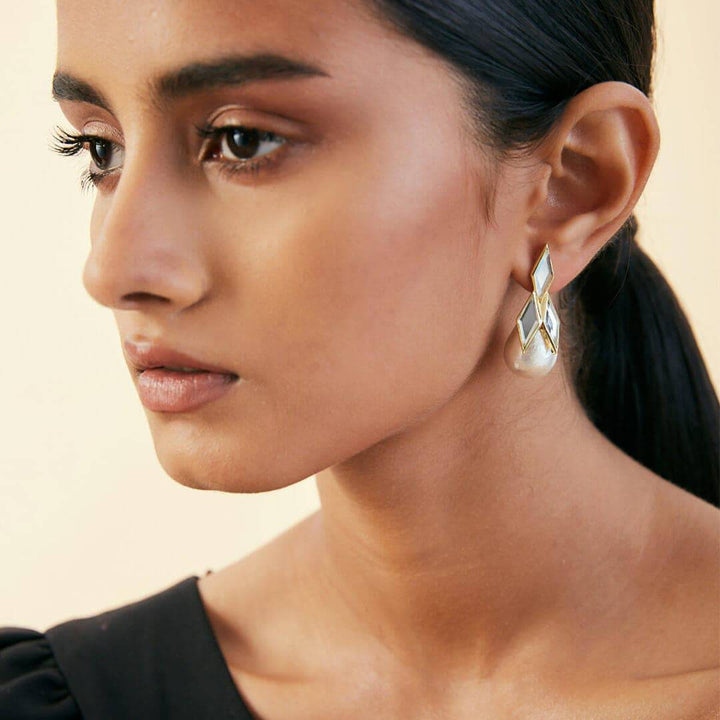 Demi Goddess Rhombus Mirror & Pearl Drop Earrings - Isharya | Modern Indian Jewelry