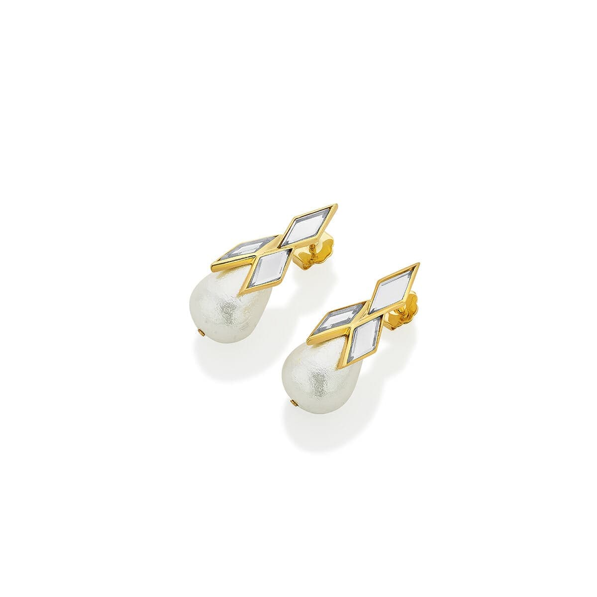 Demi Goddess Rhombus Mirror & Pearl Drop Earrings - Isharya | Modern Indian Jewelry