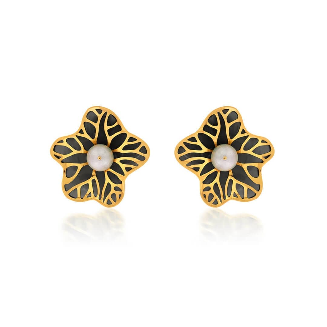 La Conchita Abstract Floral Stud Earrings in Black - Isharya | Modern Indian Jewelry