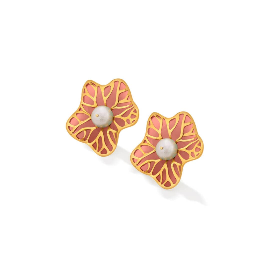 La Conchita Abstract Floral Stud Earrings in Coral - Isharya | Modern Indian Jewelry