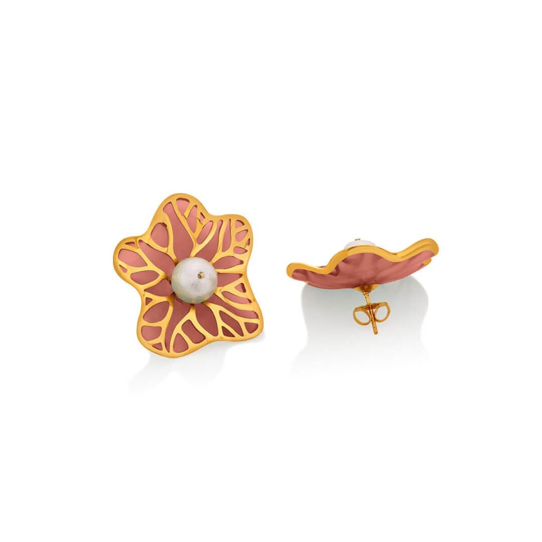 La Conchita Abstract Floral Stud Earrings in Coral - Isharya | Modern Indian Jewelry