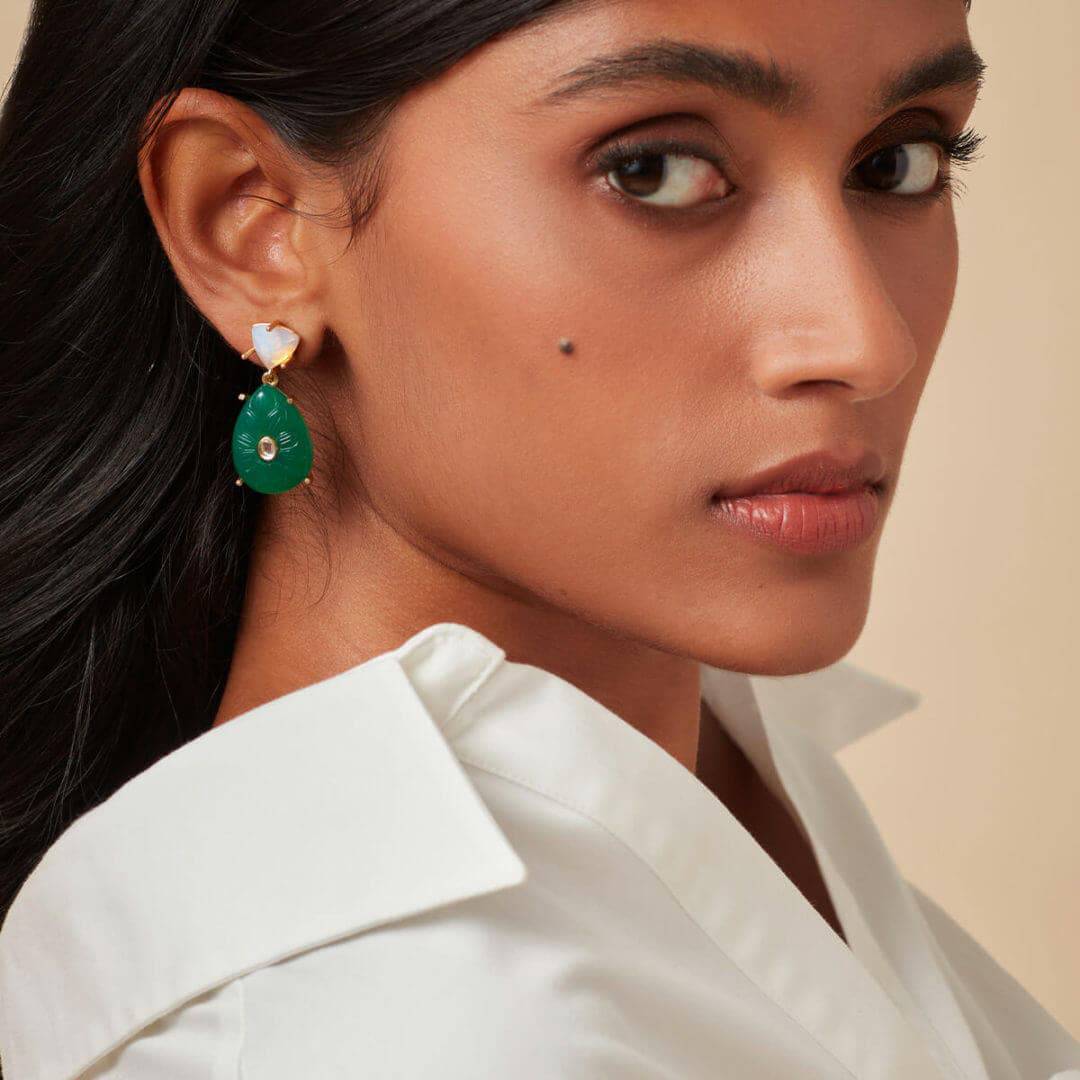 Libra Moonstone & Green Quartz Earrings - Isharya | Modern Indian Jewelry