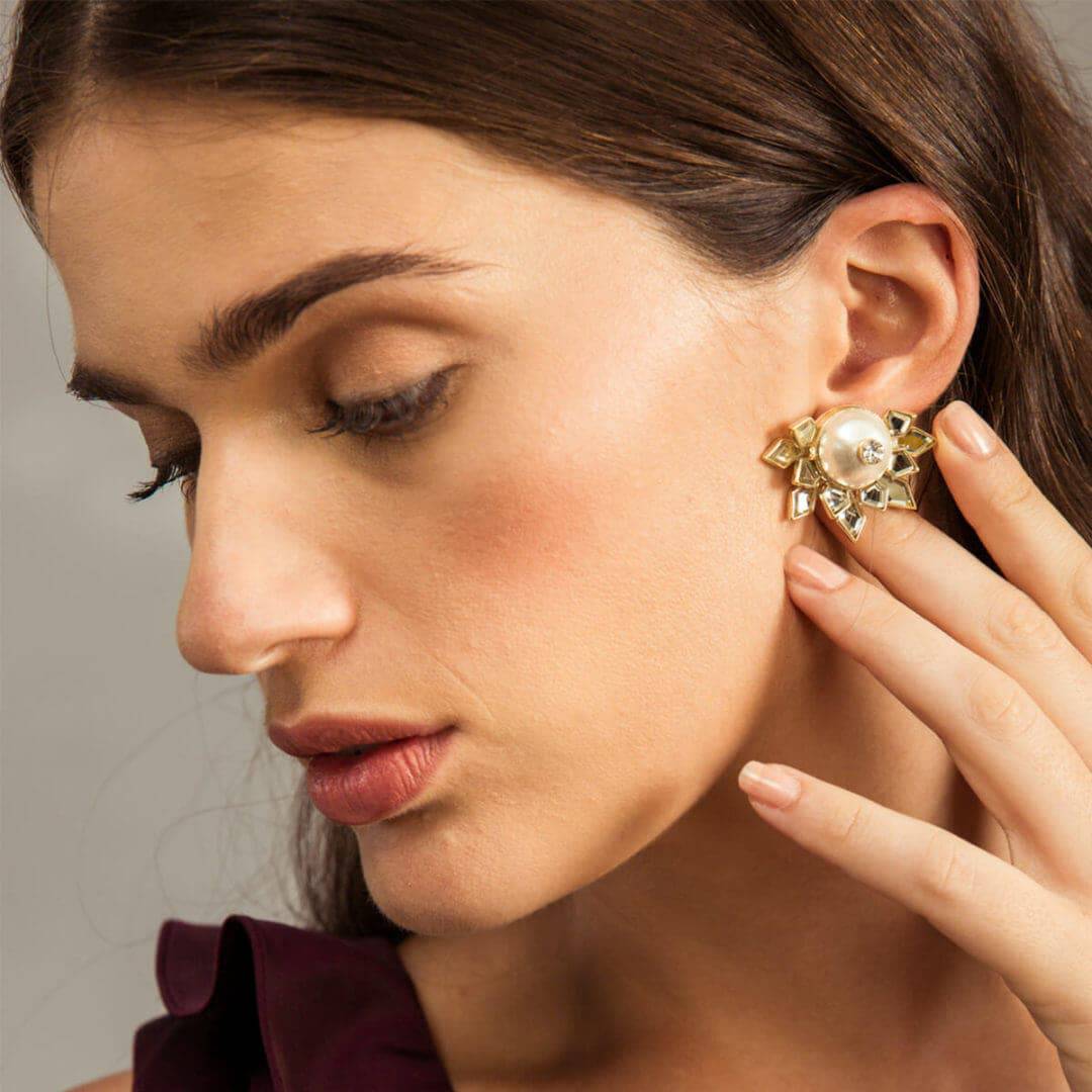 Mandala Mirror Cotton Pearl Earring Stud - Isharya | Modern Indian Jewelry