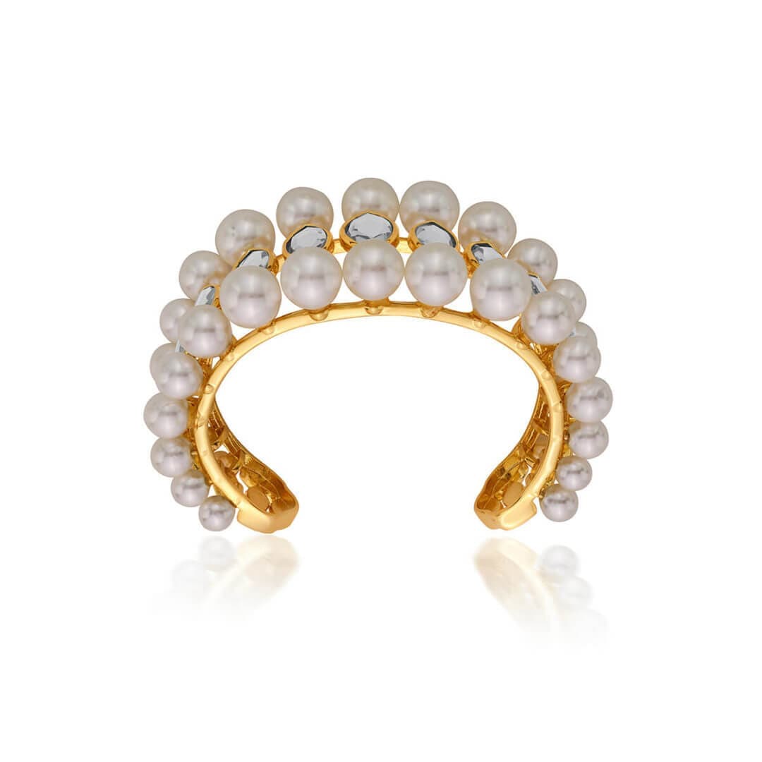 Navette Collection Pearl & Mirror tapered Medium size cuff - Isharya | Modern Indian Jewelry