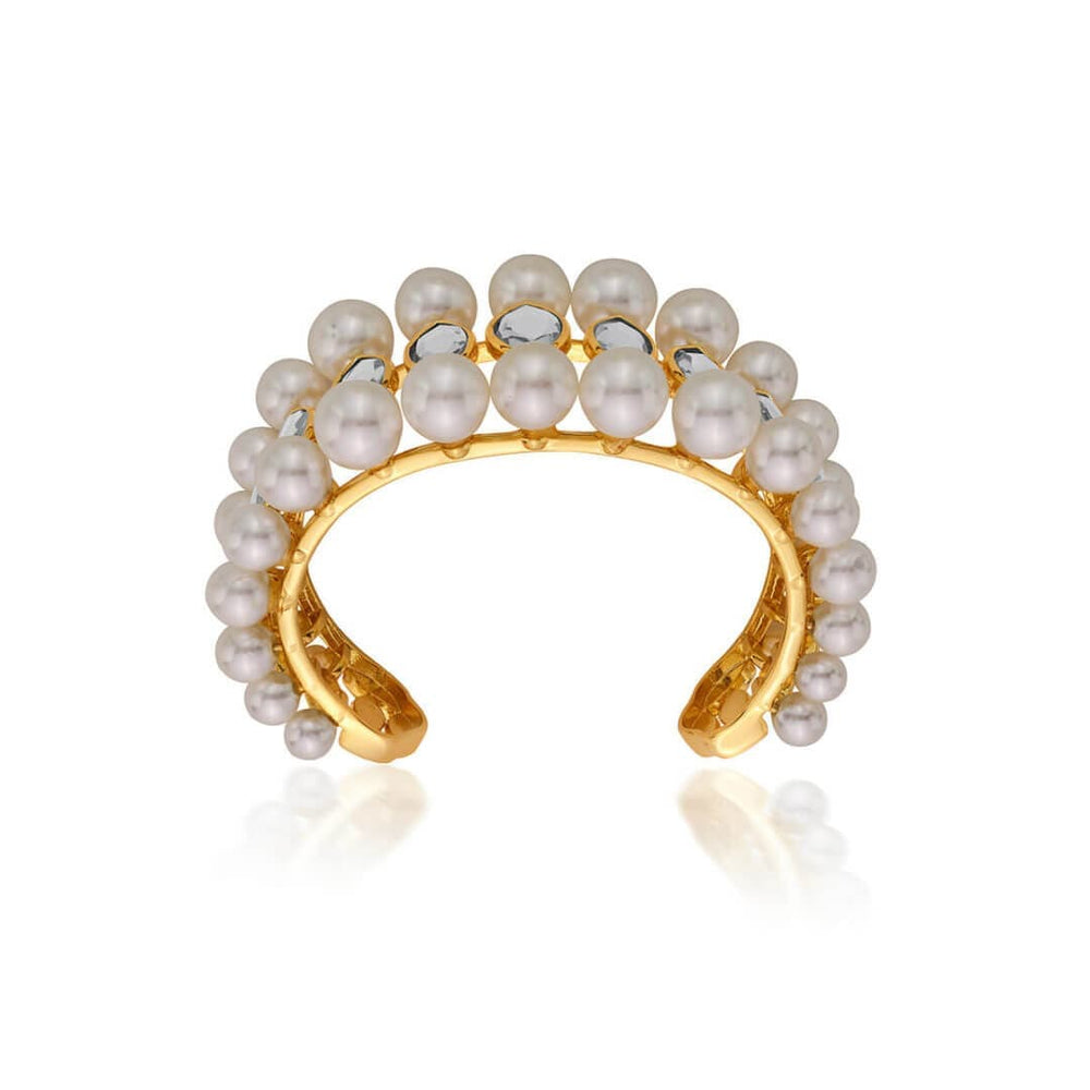Navette Collection Pearl & Mirror tapered Medium size cuff - Isharya | Modern Indian Jewelry