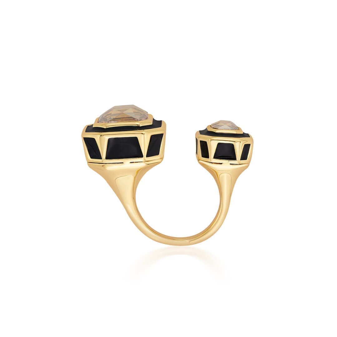 Soleil Black Enamel Two Stone Ring - Isharya | Modern Indian Jewelry