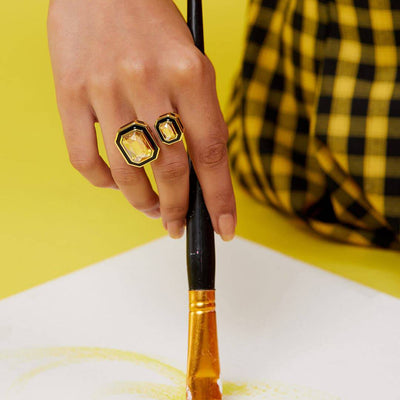 Soleil Black Enamel Two Stone Ring - Isharya | Modern Indian Jewelry