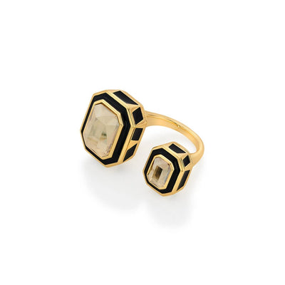 Soleil Black Enamel Two Stone Ring - Isharya | Modern Indian Jewelry